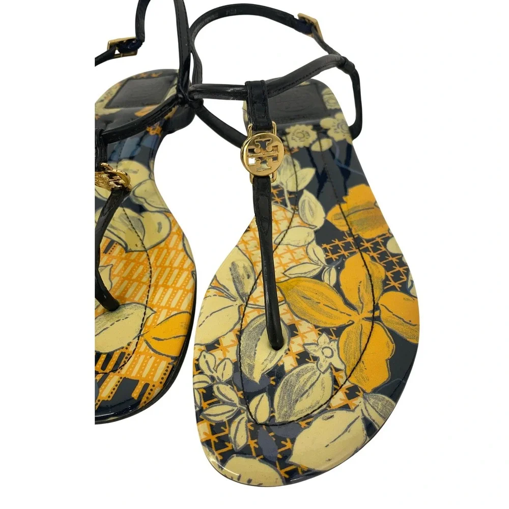 Tory Burch Emmy Floral Patent Leather Thong Sandals Navy Yellow Gold Logo 7.5M